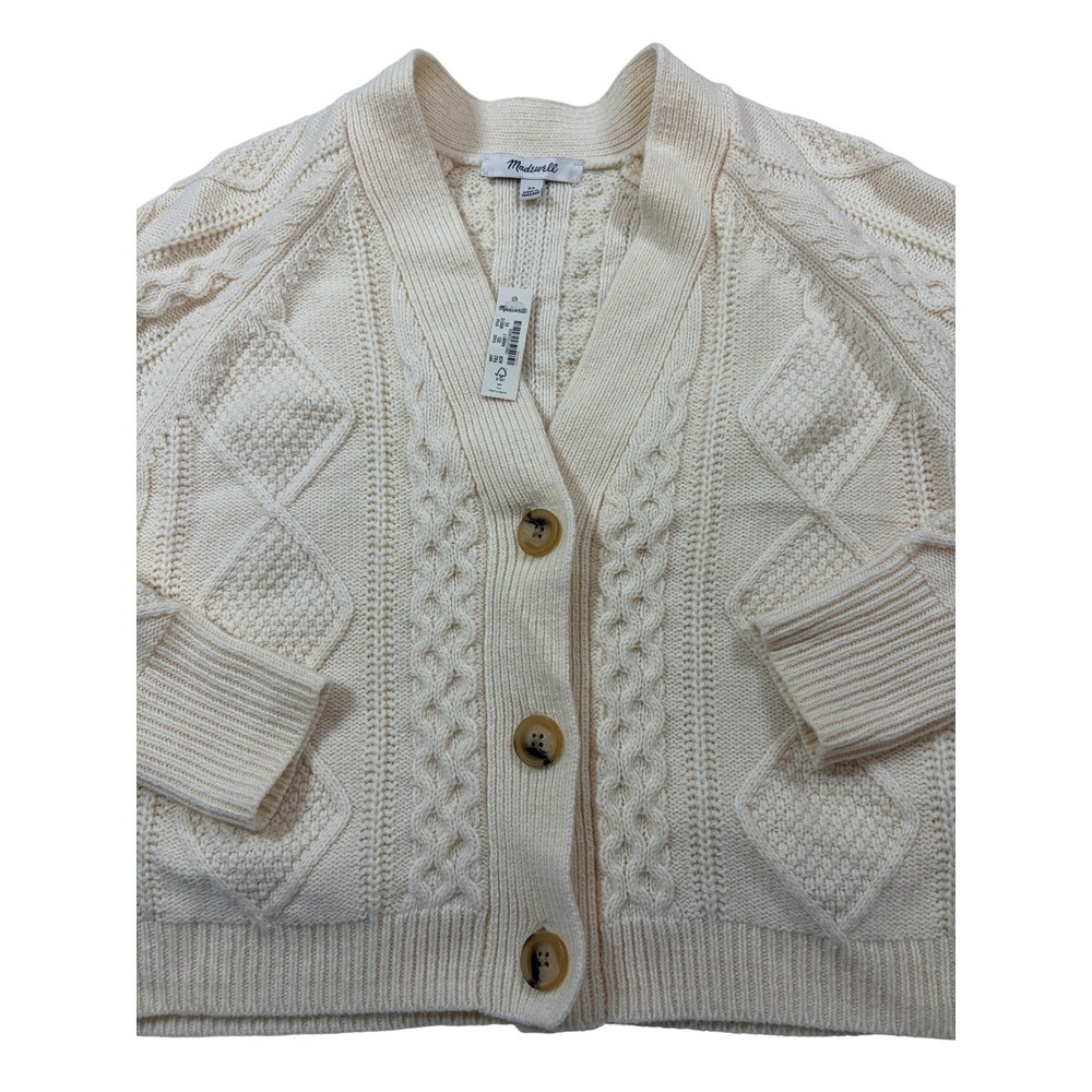Madewell Wool Blend Cable Knit Cropped Cardigan Sweater Cream XS N0010 - Picture 2 of 11